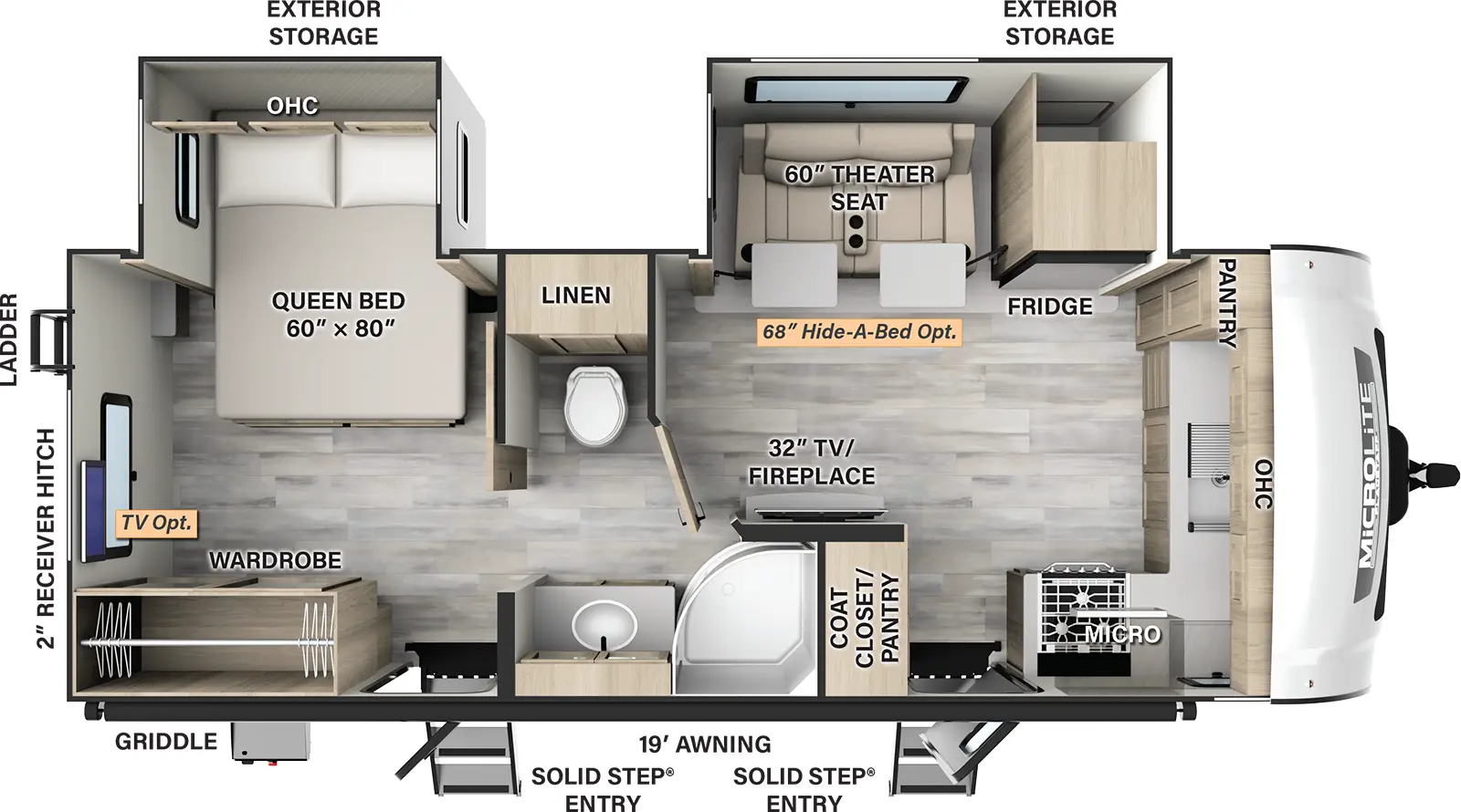 The 25FKBS has two slide outs and two entries. Exterior features a 19 foot awning, solid step entries, off-door side exterior storage, griddle, rear ladder, and 2 inch receiver hitch. Interior layout front to back: front kitchen with pantry, countertop with sinks, and overhead cabinet wraps to door side with microwave, cooktop, entry, and coat closet/pantry; off-door side slide out with refrigerator and theater seating with tables (hide-a-bed optional); split pass through full bathroom with linen closet; rear bedroom with off-door side queen bed slideout with overhead cabinets, and door side second entry and wardrobe (optional TV).